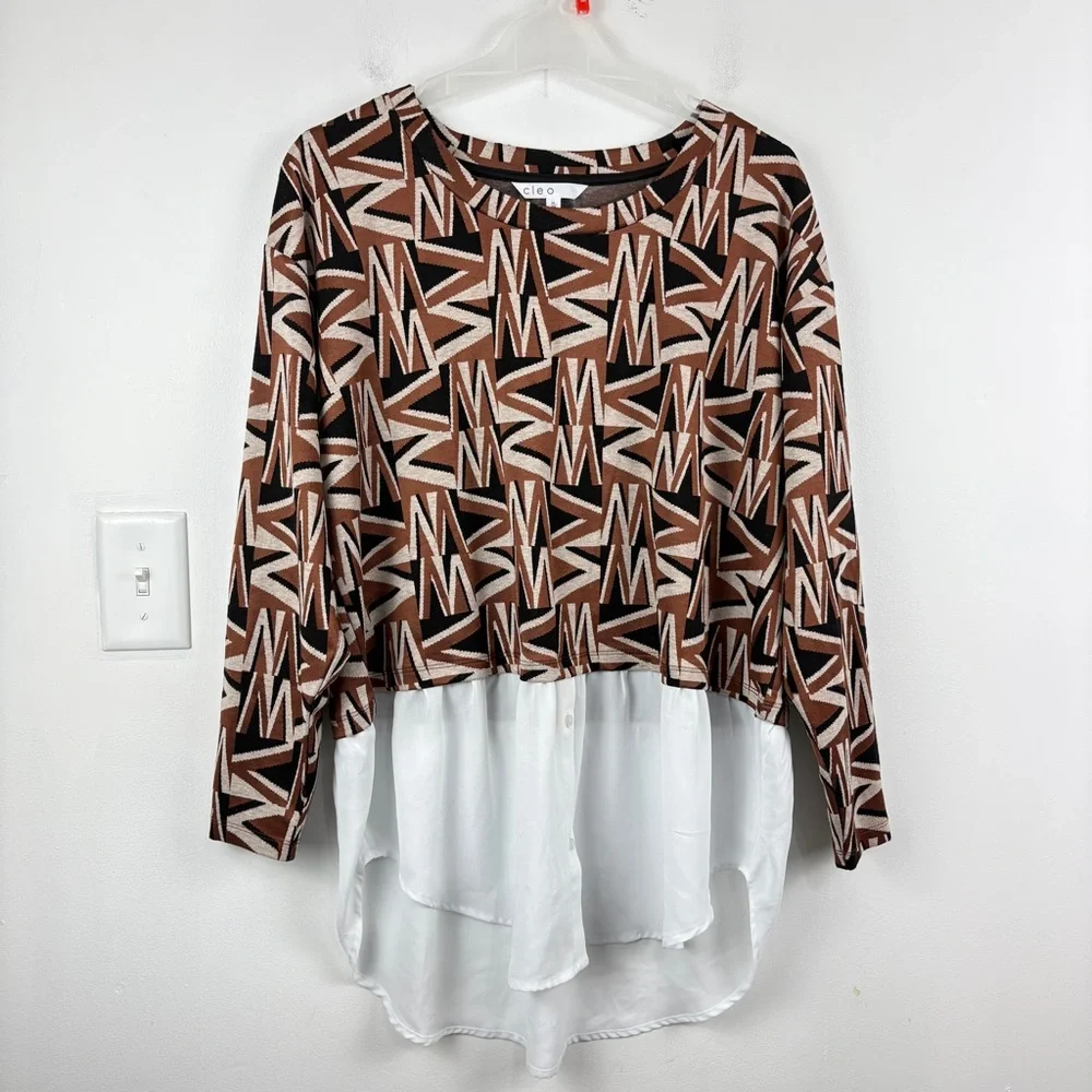 Cleo Layered Abstract Geometric Print Long Sleeve Chiffon Hem Top | Lightweight - Picture 2 of 7